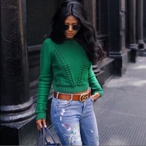 Milly Green Christmas Holiday Cropped Braid Stitch Wool Crop Cable Knit Sweater